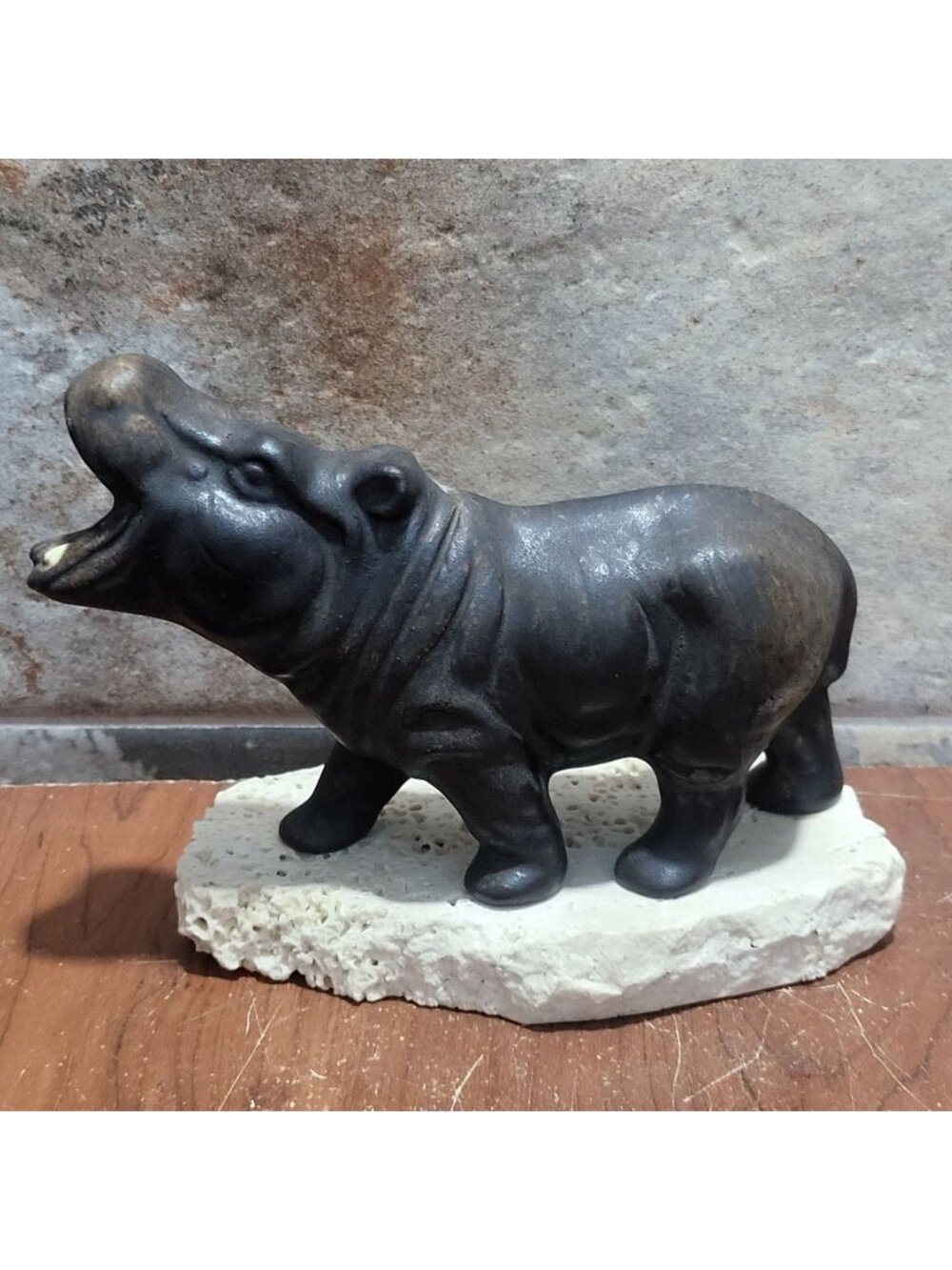 Signed Daga Bronze Hippopotamus Sculpture Standing Stone Base